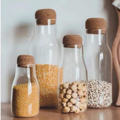 China Microwavable Glass Bottle Heat Resistant Jar With Cork Stopper Storage Lid Borosilicate Glass Cork Stopper Jar For Food for sale