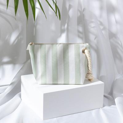 China Eco-Friendly Custom Green Bamboo Stripe Zipper Fiber Private Label Cosmetic Bag With String Handle for sale