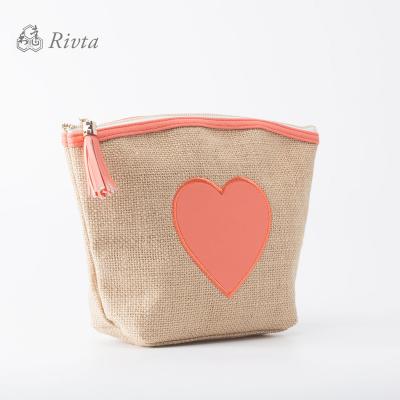 China Recycled and eco-friendly Custom Logo Natural Material Jute Canvas Patch Heart Zipper Cosmetic Makeup Bag Private Label With Tassels for sale