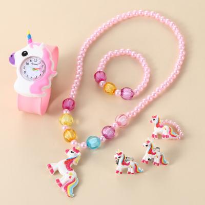 China 6pcs/set Chronograph Children's Gift Set Unicorn Pop Watch+Ear Clip+Ring+Bracelet+Necklace Girl Child Gift Set for sale