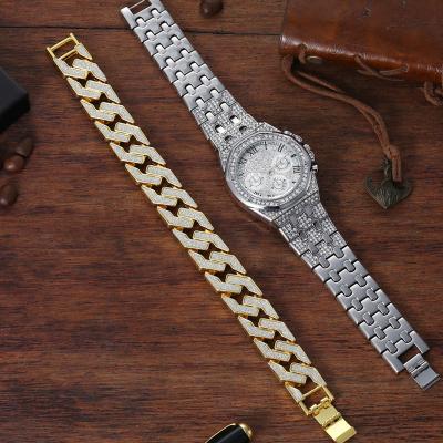 China Chronograph Fashion Trend Leisure Luxury Full Three-Eye Diamond Steel Band Quartz Watch + Strap (2pcs/set) for sale