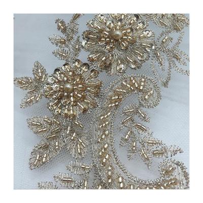 China Handmade Hot Sale Wedding Dress Flower Lace Sequin Beaded Tulle Lace Wedding Dress Fabric for sale