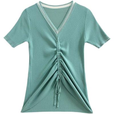 China Solid Drawstring Ultra Thin Medium Sleeve Women's New 2021 Summer Knitted V-Neck Color T-shirt Breathable Top for sale