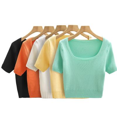 China 2021 Summer Women's Short Sleeve QUICK DRY New Square Neck T-shirt Knitted Sweater Knitted Sweater for sale