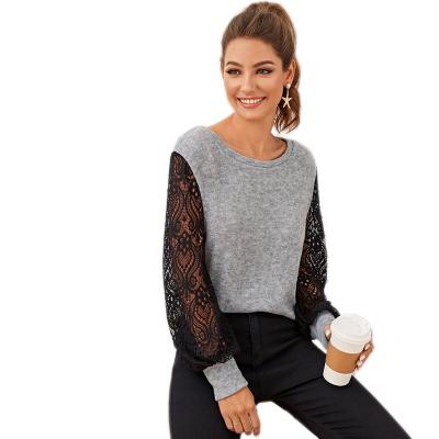 China Breathable Sweater Women Gray Contrast Lace Colorblock Casual Spring Sheer Bishop Sleeve Ladies Basic Sweaters Tops for sale