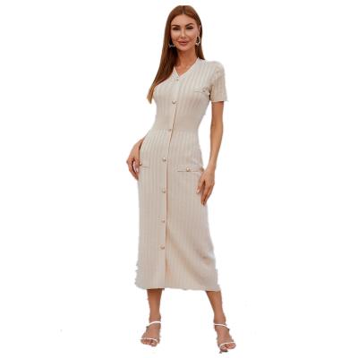 China Women's Short Sleeve V-Neck Button Anti-wrinkle Sweater Front Solid Dress Knitting Dress for sale