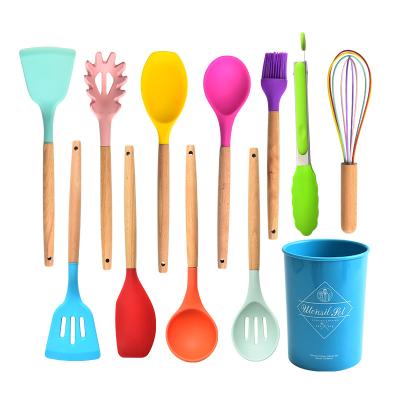 China Viable Popular Multifunctional Multicolor Wooden Silicone Kitchen Utensils Kitchen Tableware Set for sale