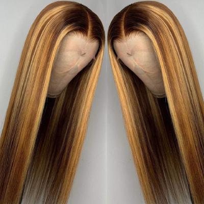 China Cash On Delivery Body Wave Ready To Wear Transparent Light Brown Lace Front Wigs Long Highlight 4/27 Piano Straight Hair Wig for sale