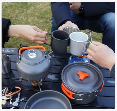 China Glamping Camping Stocked Kettle Frying Pan And 2 Pots Stainless Steel Sets Cookware Cooking Set for sale