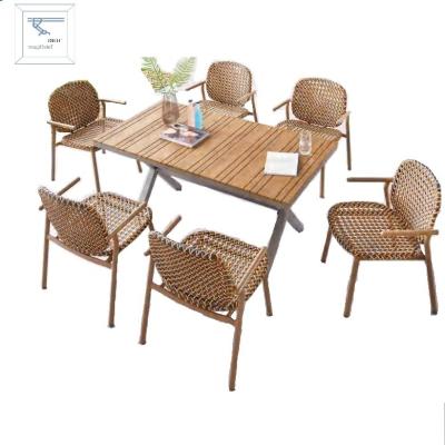 China Outdoor Weather Furniture Garden Dining Table Chair Set Rattan With Aluminum Frame Plastic Wood Dining Table for sale