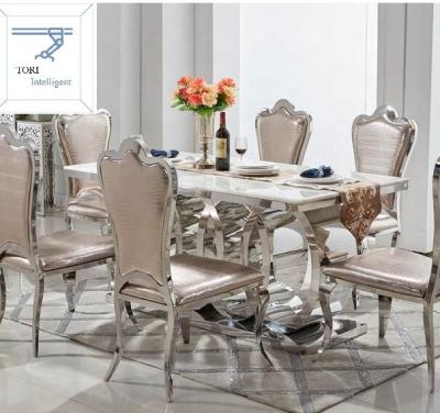 China Best Choice Durable Modern Rectangular 7pcs Dining Table Set With Faux Marble Top For Kichen for sale