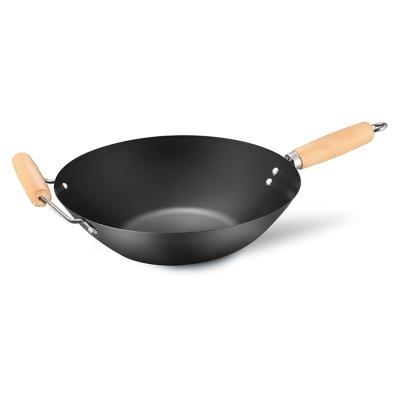 China 2022 Sustainable Carbon Steel Wok Non Sticking Home Cooking 35cm Wok With Two Handles Frying Pan Chinese Wok Pan for sale