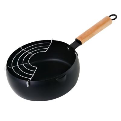 China 20CMFrying Pot Sustainable Carbon Steel Pot Set Multifunctional Non-Stick Tempura Fryer Cooking Pan With Wooden Handle for sale