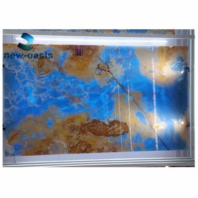 China High transmittance Sky Blue Golden Natural Big Onyx Marble Slab Book Match sardonyx agate slabs for countertop floor zu verkaufen