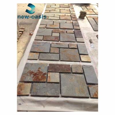 China Mix color cultural stone dark grey rusty yellow slate culture stone with net/mesh support Multi-color slate with net paste tiles zu verkaufen