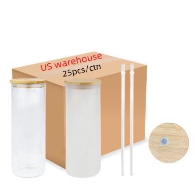 China Sustainable USA Warehouse 25oz Sublimation Glass Tumbler Beer Can With Lean Straight Clear Frosted Bamboo Lid And Straw for sale