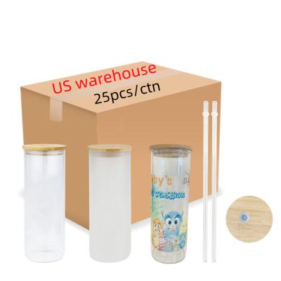 China USA Stocked 25oz Sublimation Glass Tumbler Beer Can With Straight Lean Clear Frosted Bamboo Lid And Straw for sale