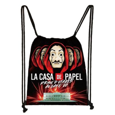 China Accept Customize Money Burglary Backpack La Casa De Papel Drawstring Bag Dali Men Travel Bag Women Paper Shopping Bags for sale