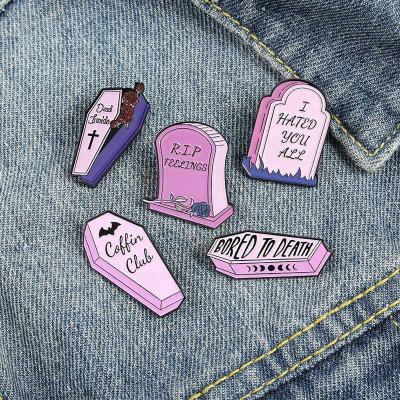 China Trendy Letter Death The Living Brooches Lace Memorial Headstone Love Pins Jackets Collar Accessories For Women Men for sale