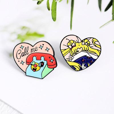 China Creative Soft Back Cartoon Phone Accessories Creative Soft Back Cartoon Landline Hat Pin Enamel Europe RTS Clothes Heart Shape Girl Brooch Pin for sale