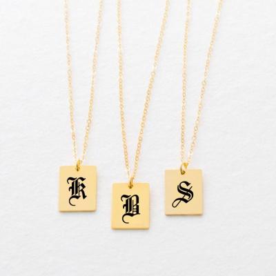 China Stainless Steel Custom Letter Old English Pedant Jewelry Necklace Personalized Initial Engraved Bar Gold Rectangle for sale