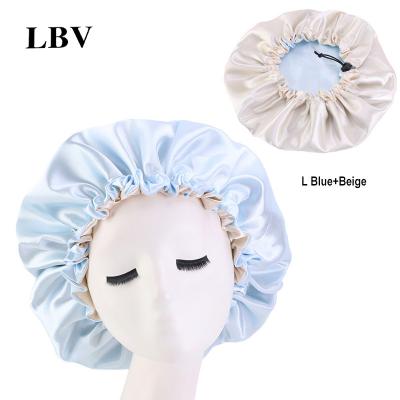 China Image LBV Double Layer Reversible Satin Bonnets Adjustable Satin Hair Wraps For Women Satin Striped Bonnets With Logo Custom for sale