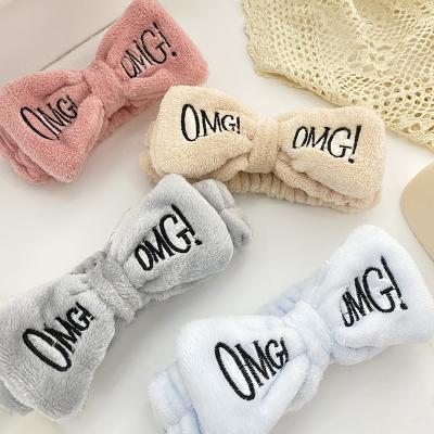 China Daily Use Wholesale Girls Cute Face Washing Plush Headband OH GOD MY Letters Bow Coral Fleece Headband Makeup Turban Women Hair Accessories for sale