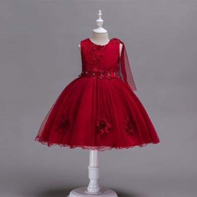 China Puff Sleeves Children Dress Summer Kids Wedding Dress Big Kids Bow Mesh Skirt Girls Red Dress for sale