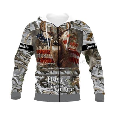 China wholesale Anti-Wrinkle Unisex 3D Digital All Over Print Deer Hunting Hooded Zipper Hoodie Casual Pullover Sweashirt Jacket Pockets for sale