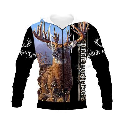 China wholesale Anti-Wrinkle Unisex 3D Digital All Over Print Deer Hunting Hooded Zipper Hoodie Casual Pullover Sweashirt Jacket Pockets for sale