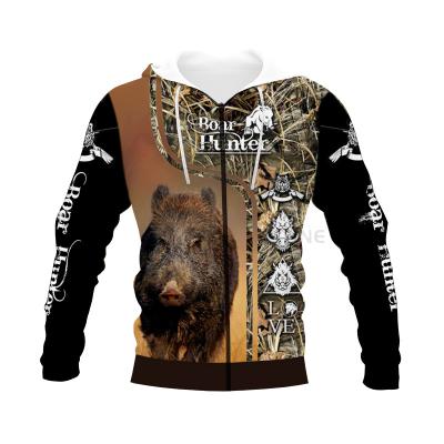 China wholesale Anti-Wrinkle Unisex 3D Digital All Over Zipper Hunt Boar Printing Pockets Hooded Jacket Sweashirt Casual Pullover Hoodie for sale