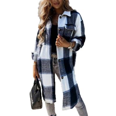 China 2022 Spring Anti-pilling Jicket Sleeve Button Long Shirt Women Plaid Shirt Long Coat Shirt Up Women Casual Shirt for sale