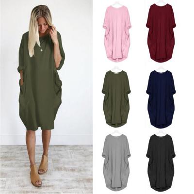 China Casual Loose Dress Plus Size Women Solid Color T Shirt Plus Size Loose Pocket Sweater Dresses for sale