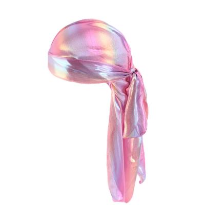 China Hot Fashion Polyester Laser Hologram Durag Hip Hop Headwrap Metallic Holographic Polyester Durag 05J for sale