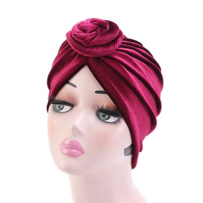 China 2021 Picture New Amazon Plain Color Design Pre-Tied Knotted Turban Hat Women Velvet Headwrap Turban for sale