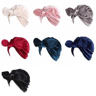 China DecorateÂ   Custom Bow Hoods Wholesale Different Colors Pre Tied Headwrap Chemo Cap Velvet Turban For Women Sleep Hat for sale