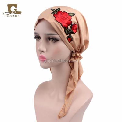 China Polyester& Head Cancer Chemo Cap Beanie Hijab TJM-04D New Spandex Rose Embroidery Stretchy Pre-Tied Head Scarf Wrap Scarves for sale