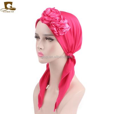 China Cotton& spandex vintage 3D flower Pre-tied head cover snood scarf hat Chemo Cancer headwrap TJM-04F for sale