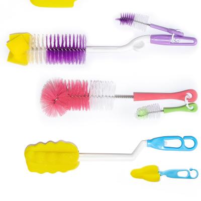 China Viable Rotating Plastic Handle Baby Bottle Brush Sponge Cleaning Brush Nipple Brush Set for sale