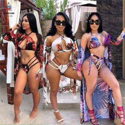 China LXX 2021 Anti-UV 3 Piece Bikini Swimwear Crossover Halter Long Sleeve Floral Printing Swimsuit Three Piece Swimsuit With Cover Ups for sale