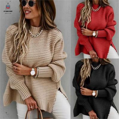 China LXX4158 2022 Winter QUICK DRY High Collar Women's Half Sweater Wholesale Long Slit Sheathed Solid Color Loose Knit Women's Pullover Sweaters for sale