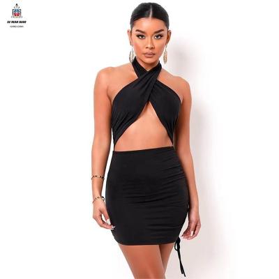 China LXX2953 2022 New Arrivals Summer Halter Tube Breathable Top And Mini Skirt Set Summer Women Clothing Hollow Out Skirt Set for sale