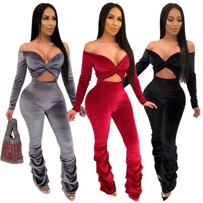 China New 2021 LXU282 Fashion Design Anti-Static Popular Women Club Clothing Hollow Out Solid Off Shoulder Jumpsuit For Women Clothing for sale