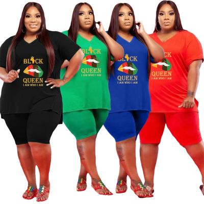 China LXX199 2021 washable summer 4colors 3xl 4xl 5xl plus size women clothing lip letter printed v neckline two short 2 piece set for sale