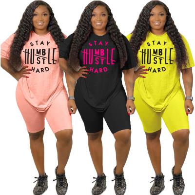 China LXX201 women washable two piece 2021 summer 3colors letter printed casual plus size 3xl T-shirt 2 piece biker shorts set for sale