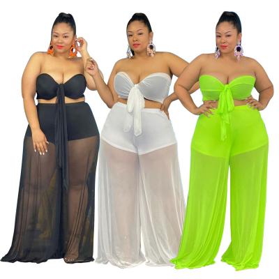 China Washable LXX191 2021 Wholesale Clear Sexy Bandage Crop Tops Mesh Pant Plus Size Two Pieces Sets Women Clothing for sale