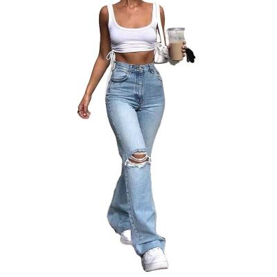 China Retro QUICK DRY Ladies Jeans Fashion Casual Blue High Waist Flared Jeans for sale