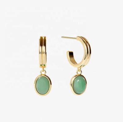 China CLASSIC 925 Sterling Silver Gold Plated Green Aventurine Oval Drop Huggie Circle Earrings for sale