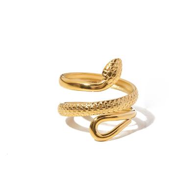 China Waterproof 18K Gold Plated Stainless Steel Classic Textured Snake Design Open Ring Fashion Jewelry for sale