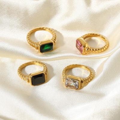 China Romantic 18k Gold Plated Stainless Steel Jadeite Rectangular Zirconia Spiral Ring Ox Horn Wrap Twisted Ring for sale